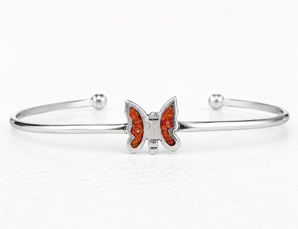 Vintage Taxco Mexico Sterling Silver Coral Butterfly Cuff Bracelet Southwestern
